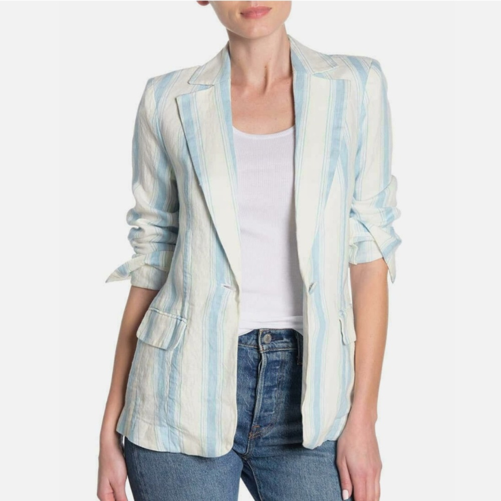 FRAME White + Blue Stripe Linen Blazer Single Breast Jacket Size 8 NEW w/ Tags